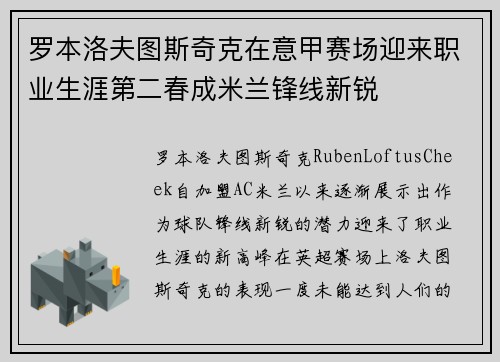 罗本洛夫图斯奇克在意甲赛场迎来职业生涯第二春成米兰锋线新锐